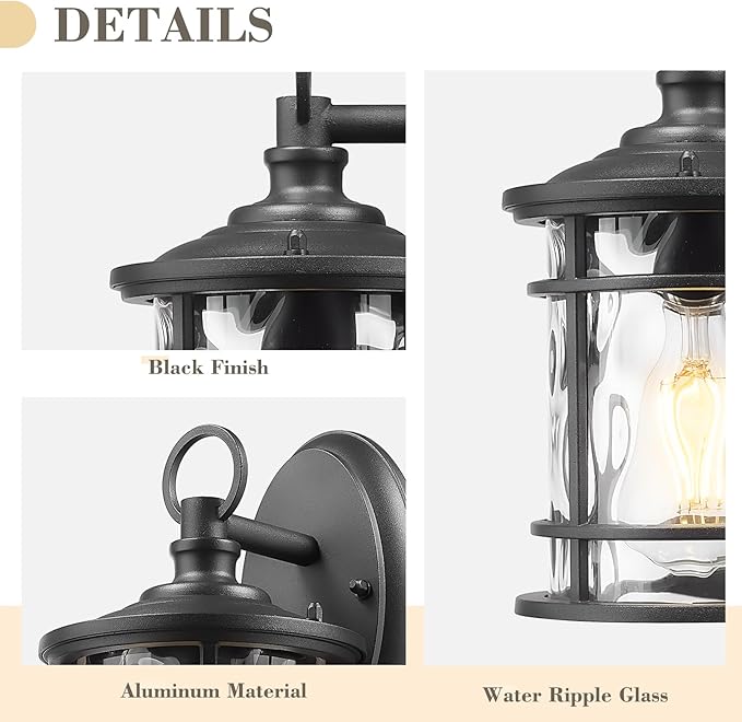 Emliviar 2 Pack Exterior Wall Sconce Light Anti-Rust Outdoor Lanterns Wall Lamps Farmhouse Patio Lightings with E26 Socket &amp Water Ripple Glass Black Finish XE229BS-2PK BK-WG
