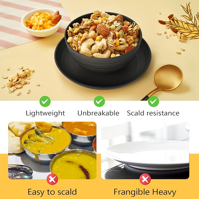 Teivio 32-Piece Kitchen Plastic Wheat Straw Dinnerware Set Service for 8 Unbreakable Modern Dish Set - Dinner Plate/Dessert Plate/Cereal Bowl/Cup for Apartment Essentials Outdoor CampingBlack
