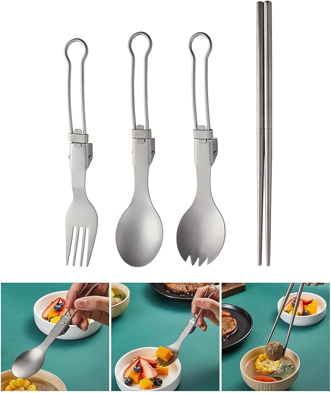 Folding Travel Camping Cutlery Set Portable Utensil Light Weight Metal Fork Spoon Chopsticks Flatware Dishwasher Safe Portable Camping Cutlery Set for Outdoor Dining Travel Hikings