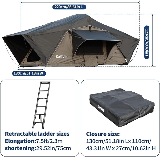 Garvee Rooftop Tent Soft Shell Easy Setup Roof Top Tent with Telescopic Ladder &amp LED Light Waterproof UV Resistant 4-Season Design for 2-3 Person Camping on Truck SUV Van Trailer