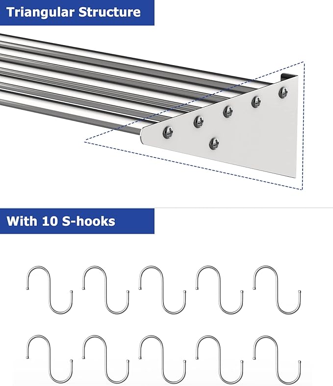 12 x 36 NSF Certified Stainless Steel Wall Mount Shelf Metal Kitchen Rack with 10 S Hooks for Convenient Storage and Organization of Pots Pans and cookware