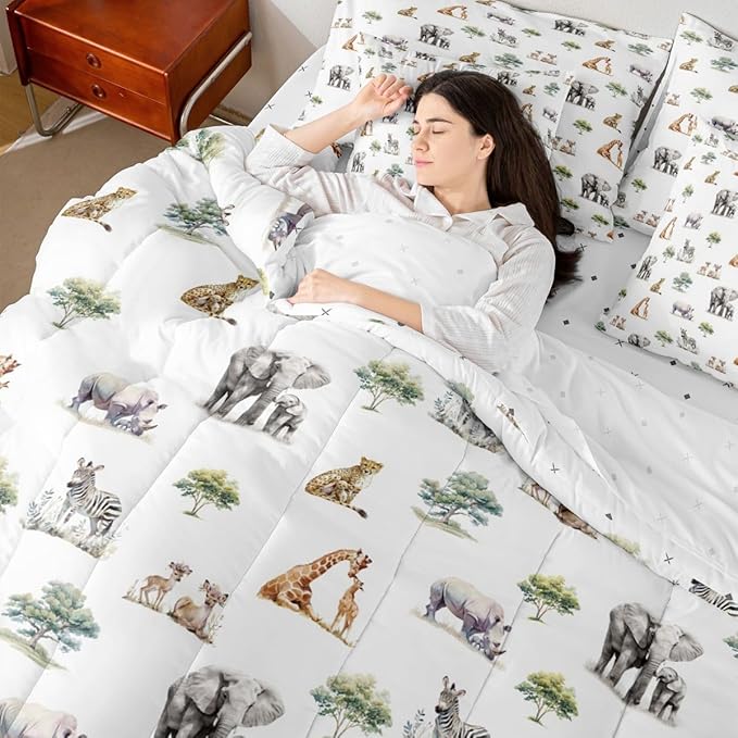Cute Giraffe Zebra Elephant Comforter Set with SheetsPillowcases &amp Cushion Cover Zoo Animal 7 Piece Bedding Set for Boys Girls Room Decor Cartoon Animal Bed in a Bag King Size Wildlife Microfiber