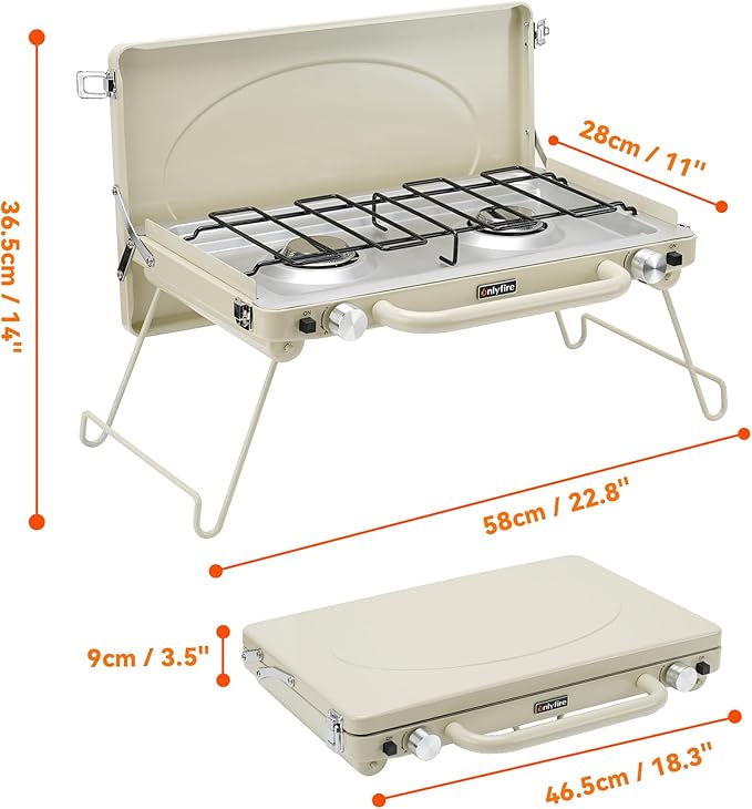 ONLYFIRE OUTDOOR LIVING Portable Camping stove 2-Burner Propane Gas Stove with Foldable Legs Camp Stove for Camping Patio Backyard Picnic Tailgating RV BBQ GS331 Off-white