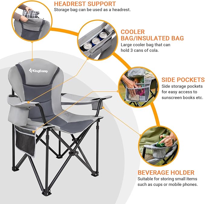 KingCamp Oversized Camping Folding Chair with Lumbar Support Heavy Duty Ergonomic Padded Arm Chair with Cooler Bag Cup Holder Portable for Outdoor