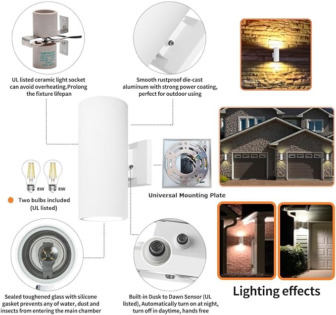 Outdoor Wall Sconce Exterior Lighting with Dusk to Dawn Sensor - 2 Light Bulbs Included Aluminum Waterproof Wall Mount Cylinder Design - Up Down Light Fixture for Porch Garage and Patio