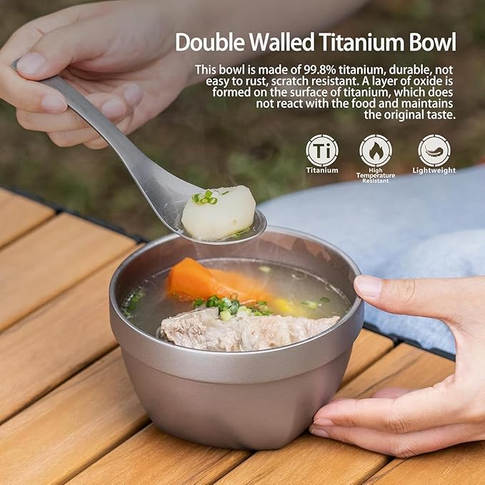 500ml Titanium Double Wall Bowl Ultralight Unbreakable Camping Tableware for Outdoor Hiking Picnic Backpacking Dishwasher Safe (Square Bowl)