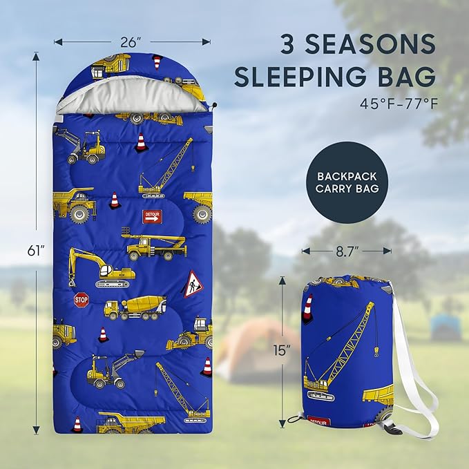 Wake In Cloud - Kids Sleeping Bag for Boys Toddlers Camping in Warm Cold Weather Backpacking Lightweight Compact Outdoor Liner for 3 Seasons Summer Spring Fall Excavator Blue