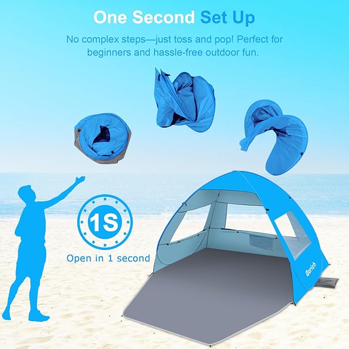 Gorich Easy Pop Up Beach Tent for 3-4 Person UPF 50+ UV Protection Beach Umbrella Sun Shelter Portable Lightweight Shade with Easy Foldable &amp Instant Setup