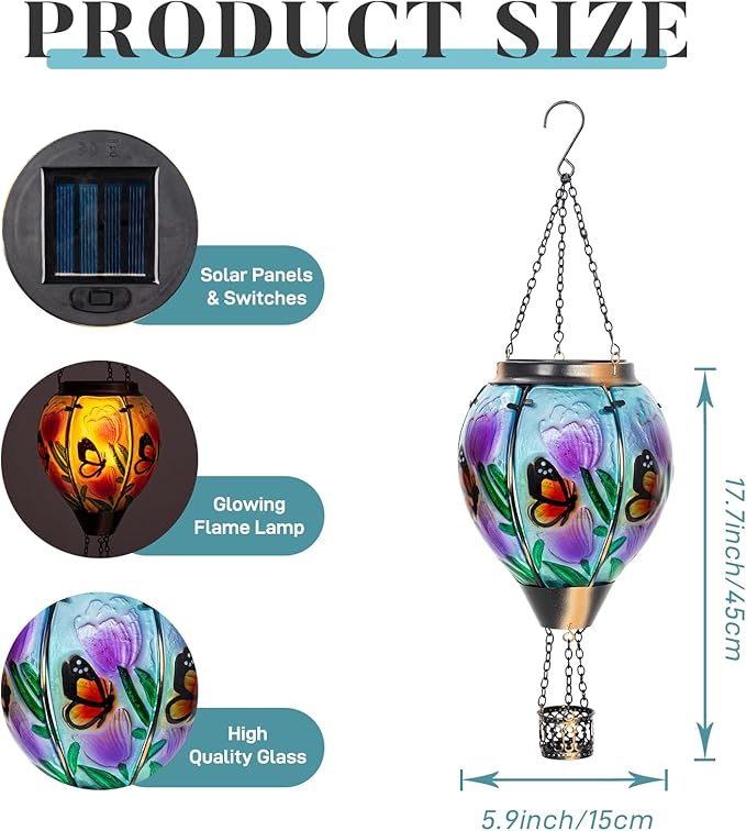 Butterfly Flower Solar Hot Air Balloon Lantern with Flame Glass Balloon Lantern Outdoor Waterproof Lights Hanging Solar Lights for Outside Garden Patio Porch Tree Yard Gift for Mom