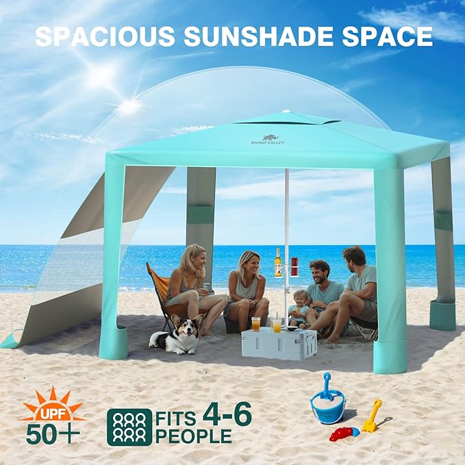 Rhino Valley Beach Cabana 8 * 8FT Beach Shade Canopy Tent UPF50+ Protection Easy Setup Wind Resistant with Cup Holder Portable Foldable Beach Tent Sun Shelter for Whole Family Turquoise Green