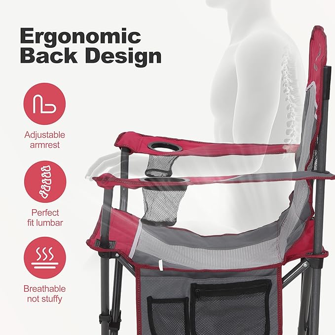 LET'S CAMP 2 Pack Mesh Back Camping Chair Portable Folding Heavy Duty Outdoor Chair Support 330 LBS Durable Large Arm Chair with Cup Holder and Carry Bag for Camp Fishing Hiking Red
