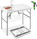Giantex Folding Fish Cleaning Table with Double Sinks Portable Fish Fillet Cleaning Station w/Faucet Drainage Hoses Sprayer &amp Storage Shelf 2-in-1 Outdoor Camping Table for Picnics Fishing