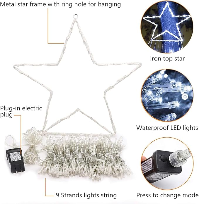 PUHONG Christmas Decoration Star Lights Outdoor320 LED 16.4Ft Christmas String Lights[8 Modes &amp Waterproof] for Halloween Xmas New Year Holiday(Iron) (White)