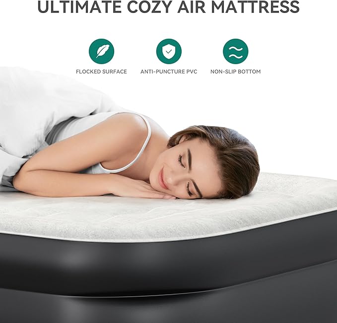 YITAHOME Twin XL Size Air Mattress with Built-in Pump 18in Inflatable Bed with Headboard Blow Up Mattress with Carry Bag and Repair Tools for Guest Travel and Camping Black