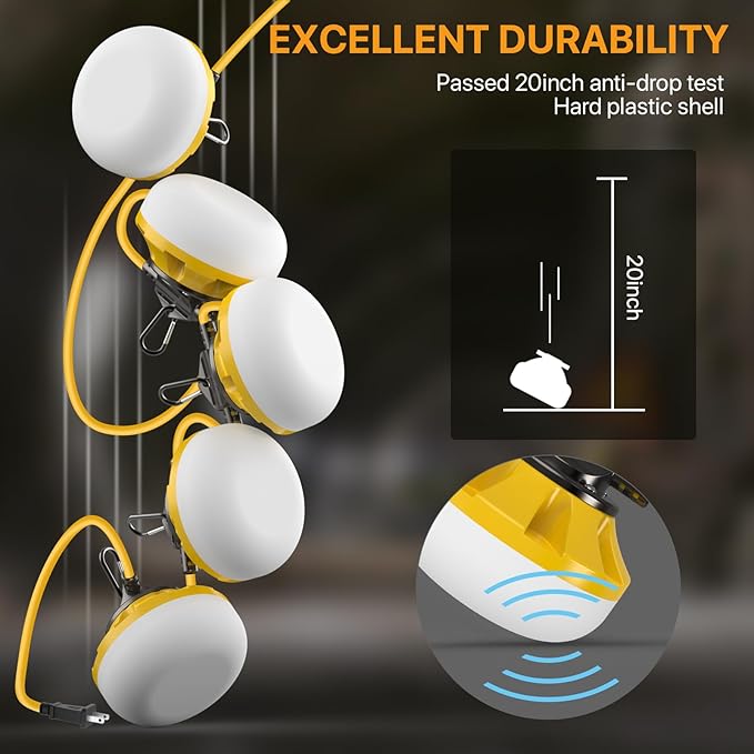 LED Construction String Lights: 50FT IP65 Waterproof ETL Certified Crawl Space Lights - 5000lm 18AWG Wire Linkable Temporary Construction Lighting for attic Lights with 5 Bulbs &amp Hooks