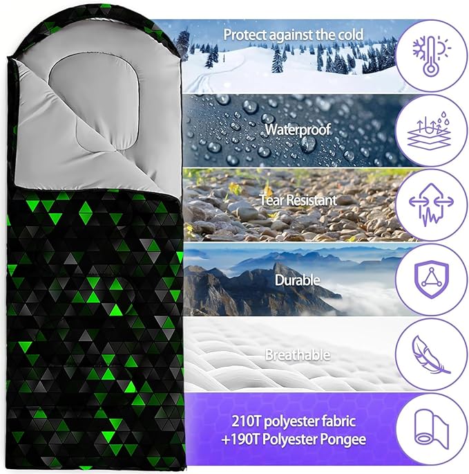 Sleeping Bags for Adults and Kids3D Printing Camping Sleeping Bag for Girls Boys Lightweight Waterproof Cold/Warm 3-SeasonOutdoor Travel with Compression Bags