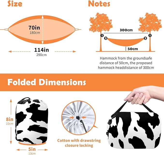 Outdoor Camping Hammock Cow Print Pattern Double Single Hammocks with 2 Tree Straps Lightweight Portable Heavy Duty Nylon Hammocks for Backpacking Travel Beach Backyard Patio Hiking