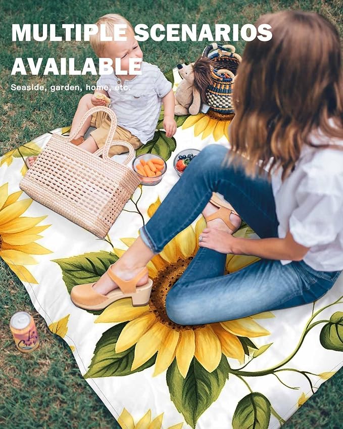 Beach Blanket Waterproof Sandproof Picnic Blanket 108x84 Foldable Beach Mat with Sunflower Watercolor Spring Flowers Pastoral Pattern for Camping Park Grass Beach Travel
