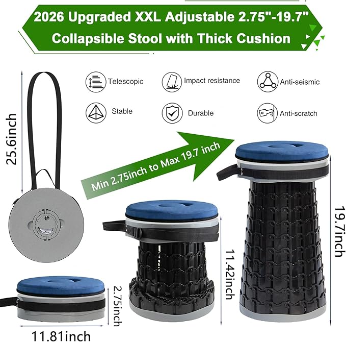 2026 Upgraded XXL Collapsible Stool with Thick Cushion19.7H-11.8D Telescoping Folding Stool for Adults More Sturdy Camping Stools with Load Capacity 1000lbs for OutdoorGardenFishingHiking