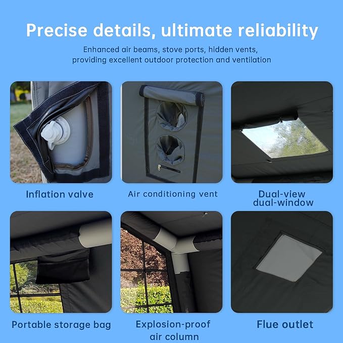 8㎡ Luxury Inflatable Camping Tent for 3-8 People UV-Resistant 4-Season Family Tent with Chimney Port &amp Skylight Oxford Fabric or Tech Cotton – White Tank Gray Aurora Green