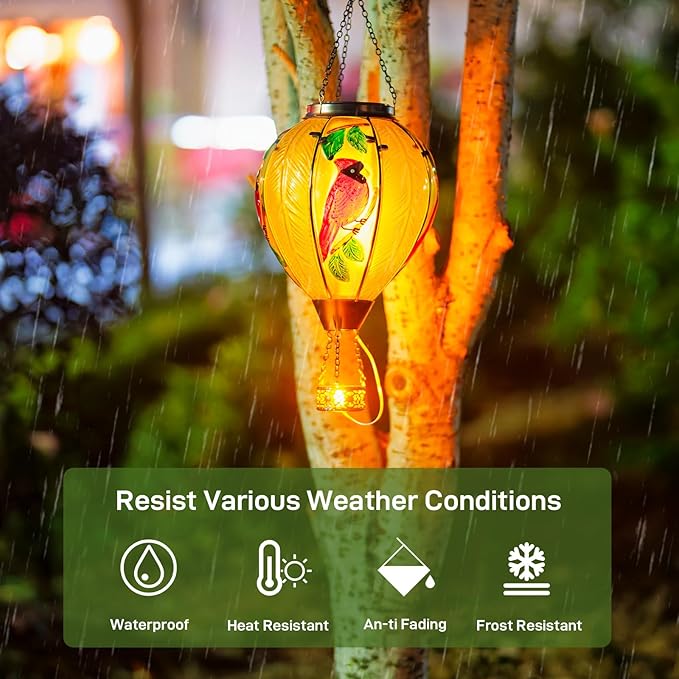 Large Hot Air Balloon Cardinal Solar Lantern Lights with Flame Green Glass Balloon Lantern Waterproof Outdoor Decor for Garden Yard Patio Birthday Mother's Day Gifts for Moms Women