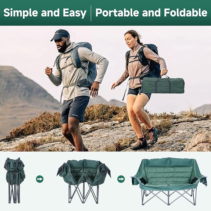CDEN Heated Double Camping Chair Padded Oversized Folding Loveseat Portable Outdoor Sofa with Cup Holders Carry Bag Cooler Bag Bottle Opener for Camping Picnic BBQ Lawn Fishing (Green)