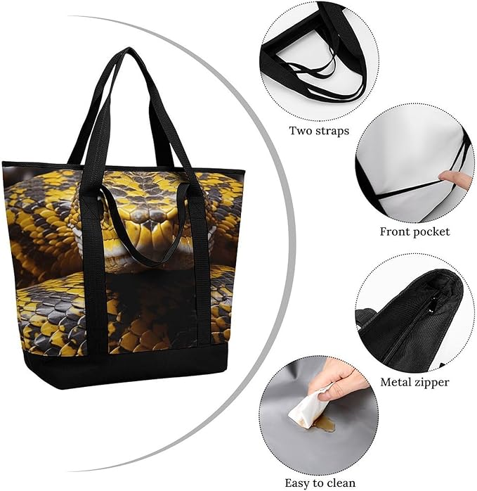 Insulated Shopping BagLarge Reusable Cooler Bags Yellow Snake Printed Foldable Shopping BagTravel Waterproof Shoulder Bag