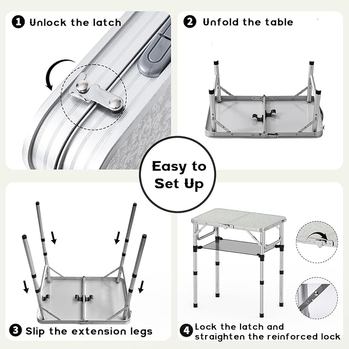 Folding Camping Table Aluminum 24 x 16 Adjustable Height Max 27.5 with Carrying Handle Lightweight Portable Camping Table for Outdoor Indoor Picnic Beach Silver