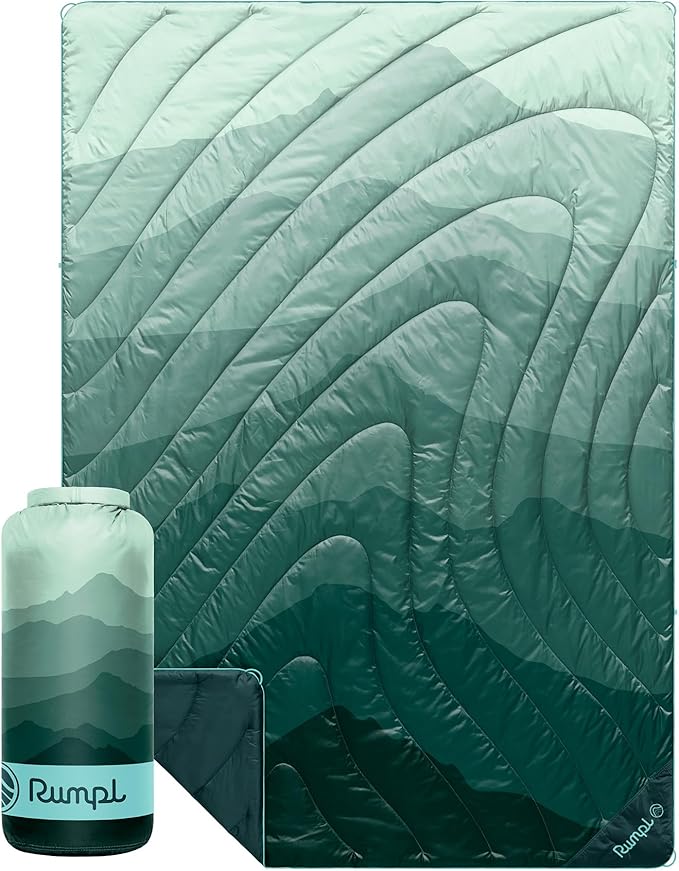 Rumpl Original Puffy Blanket - Warm Water-Resistant Camping Blanket with 100% Recycled Synthetic Insulation 52x75 Original Puffy V2 Cascade Fade - Green