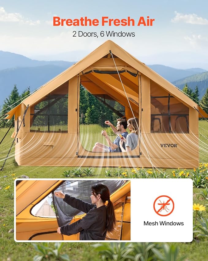VEVOR Inflatable Tents for Camping Easy Setup Blow up Tent with Hand Pump 4 Season Glamping Tent with Stove Jack Doors &amp Mesh Windows Storage Bag Included for Easy Taking