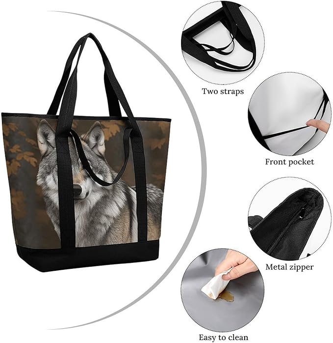 Insulated Shopping BagLarge Reusable Cooler Bags Wild Wild Gray Wolf Printed Foldable Shopping BagTravel Waterproof Shoulder Bag