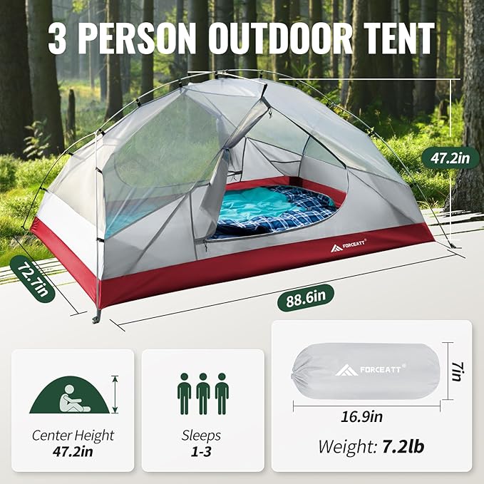 Forceatt Tent for 2 and 3 Person is Waterproof and Windproof Camping Tent for 3 to 4 SeasonsLightweight Aluminum Pole Backpacking Tent Can be Set Up QuicklyGreat for Hiking