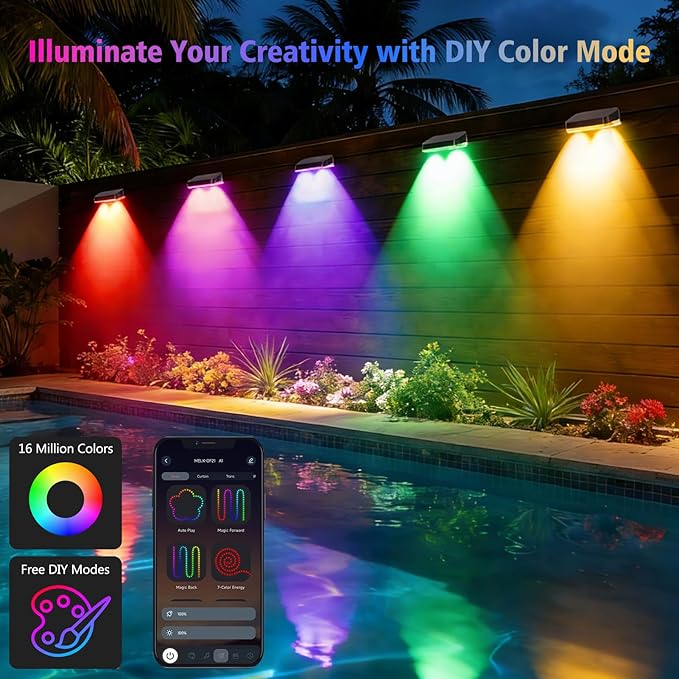 ZAIYW Outdoor Fence Lights 100ft 16 Pack Smart RGB Build in Chip Color Changing Deck Lights with Timer Remote APP Plug in LED String Lights Waterproof for Backyard Garden Patio Decor