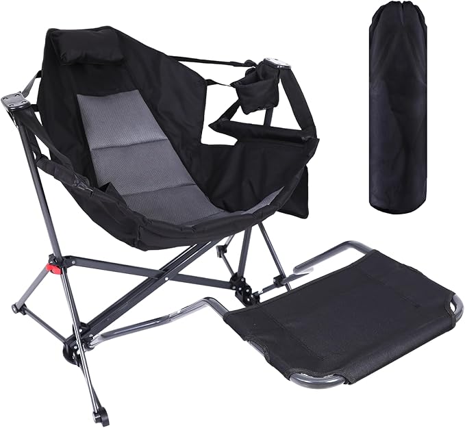 CDEN Hammock Chair with Footrest Swinging Camping Chairs Rocking Camping Chair with Detachable Footrest Cup Holder Side Pocket Armrest Foldable for Picnic Travel Festival (Black 1 Pack)