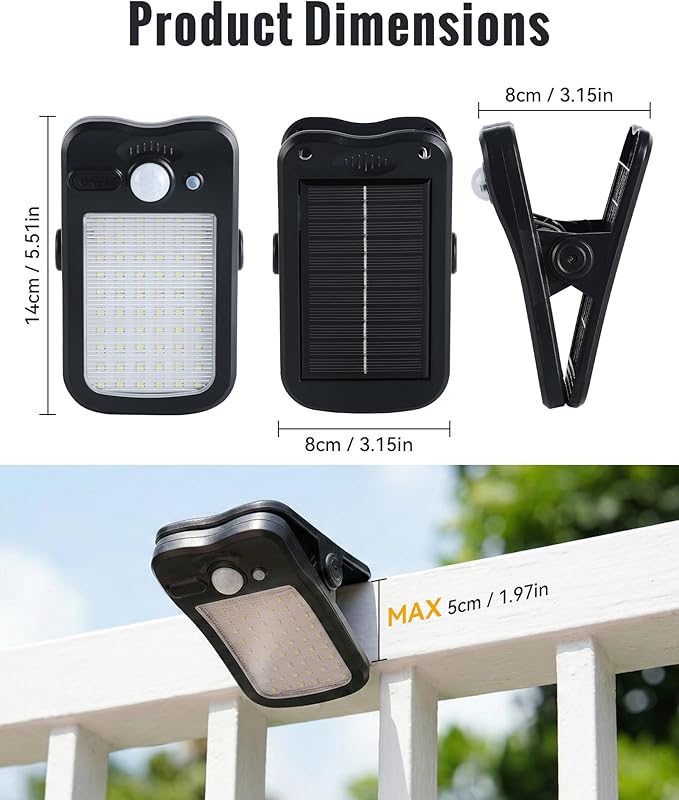 4 Pack Clip On Solar Fence Lights Outdoor Waterproof Security Motion Sensor Lights with 3 Light Modes for Fence Wall Garage Garden Yard Patio Umbrella