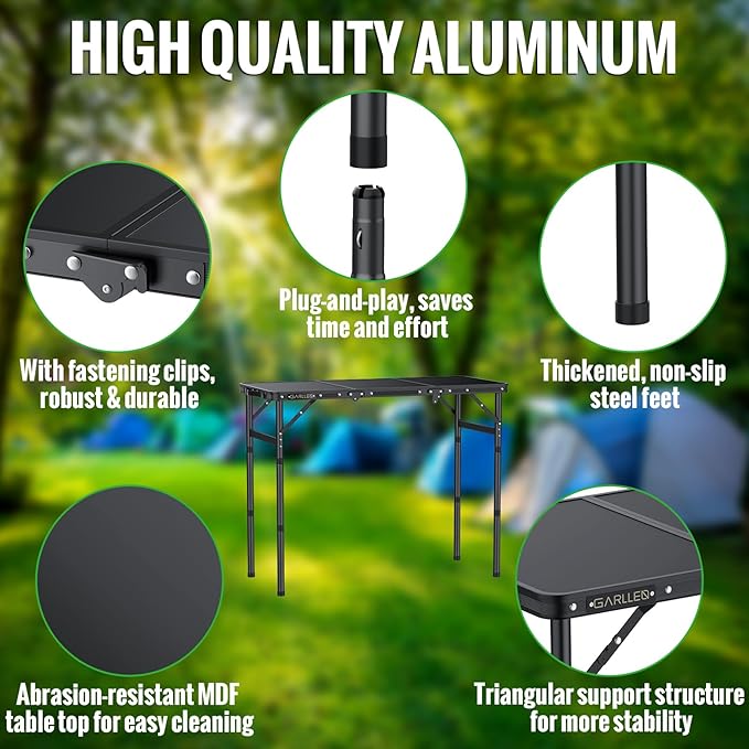 GARLLEN Folding Camping Table Max 27.5 3-Height Adjustable Portable Camping Table with Carrying Bag Lightweight Aluminum Folding Picnic Tables for BBQ Travel Outdoor 34.2 L x 15.7 W