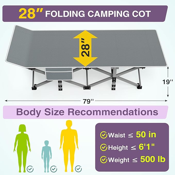 ZENPETIO 28In Folding Camping Cot for Adult Portable Sleeping Cot with Mattress Outdoor Heavy Duty Cot Bed for Camp with Carry Bag for Home Office Camp Travel Vacation-Purple