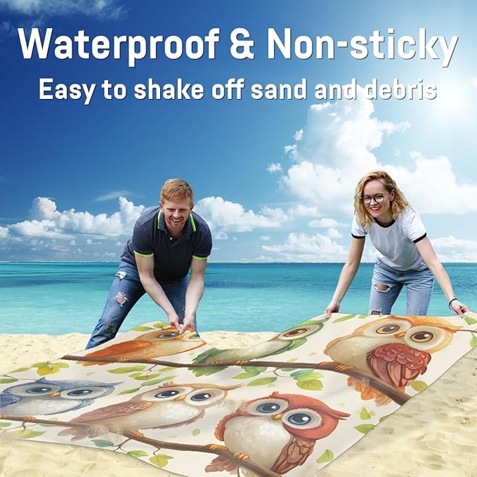 Waterproof Sandproof Beach Blanket 59''×68'' Funny Owls Polyester Outdoor Picnic Blanket with 4 Stakes &amp Storage Bag for BeachCampingVacation Multi-Color