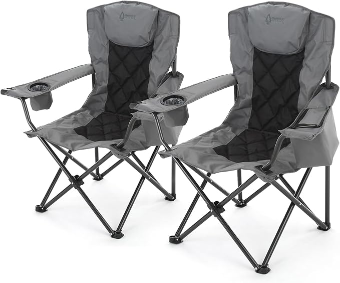 ARROWHEAD OUTDOOR 2-Pack Portable Deluxe Folding Camp Quad Chair w/Headrest Glass &amp Cup Holders Armest 6-can Cooler Heavy Duty Carry Bag 550 lbs Weight Capacity