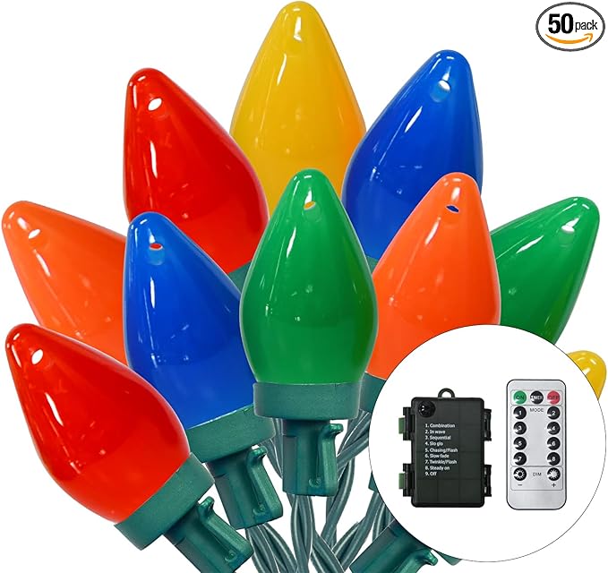 27.5FT C7 LED Christmas Lights Battery Operated Lights with Remote 8 Mode Twinkle Vintage Colored Christmas Tree Lights for Colorful Christmas Decorations Indoor Outdoor 50 Light Bulbs