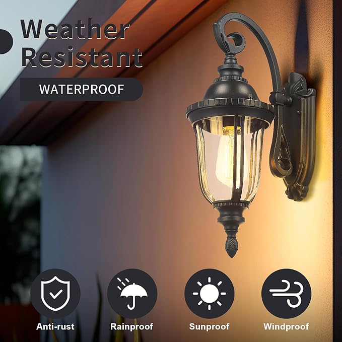 Outdoor Wall Light Fixture Black Porch Lights Outside Wall Mounted Lighting Clear Glass Shades Exterior Waterproof Lanterns Modern Outdoor Wall Sconces for Home Yard Patio