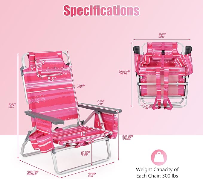 GYMAX Beach Chairs Backpack Camping Chair with Armrest Cooler Bag Cup Holder Towel Bar &amp Side Pockets Sunbath Sling Tanning Lounge Folding Layout Chair (Without Table Pink Stripe)