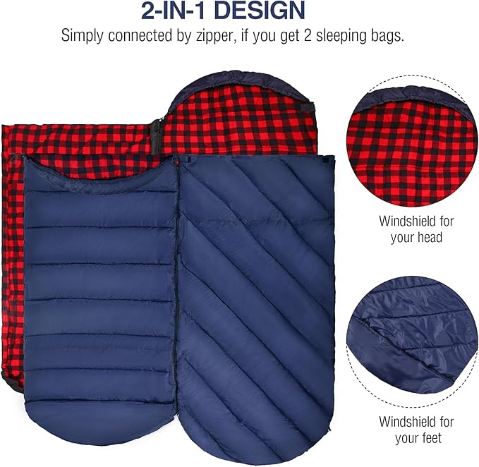 REDCAMP Flannel Sleeping Bag for Adults Comfortable Cotton Sleeping Bags for Camping with Detachable Hood Red/Grey/Blue/Black