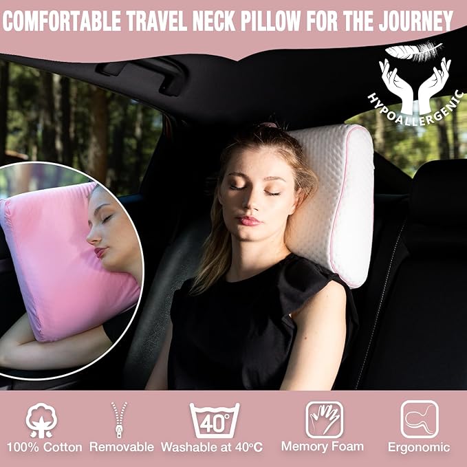 alkamto Travel &amp Camping Comfortable Memory Foam Pillow – Easy to Carry Portable Bag – Temperature Regulating Pillow Case (Pink Contour + Extra Cover)