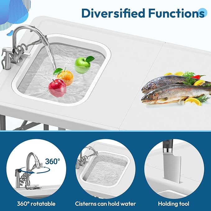 HLPB Fold in Half Folding Fish Cleaning Table with Sink Foldable Protable Camping Sink Table with Drainage Hose &amp Fish Cleaning Kit Fish Fillet Cutting Desk for Picnic Patio Backyard BBQ White
