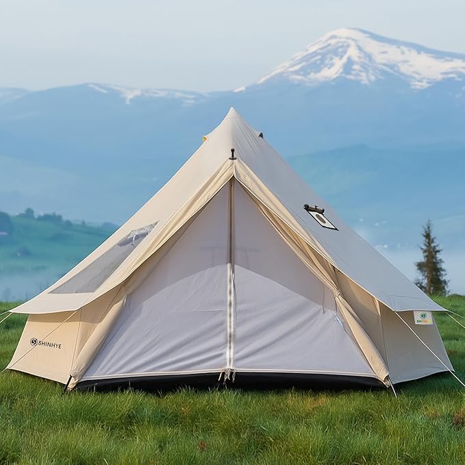Bell Yurt Tent Waterproof Luxury 4 Season Hot Tent with Stove Jack/Air Conditioner Vents/2 Skylight for Family Outdoor Camping Oxford Glamping Tents for All Year Living