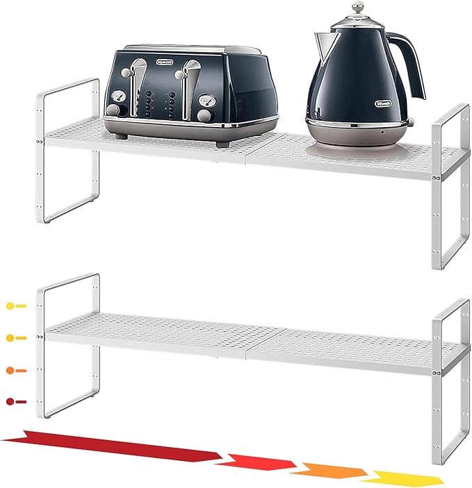 Hole Pattern Expandable Shelf Organizer2Pack 8.1 Wide Easy to Assemble Cabinet Organizer Shelf 16.5~27.1 Adjustable Height&ampStackable Spice Organization for Cupboard White