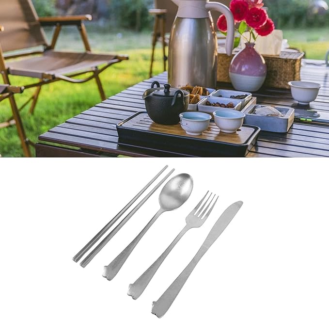 Stainless Steel Tableware Set Vintage Silver Spoon Fork Cutter Chopsticks Portable Cutlery Set with Storage Bag for Travel Picnic Camping Outdoor Dining