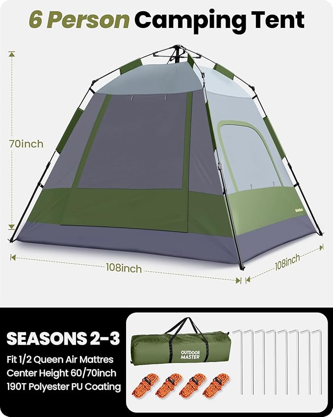 OutdoorMaster Updated Camping Tents 4/6 Person Camping Tent with Blackout Shelter Technology Easy Setup in 60 Seconds Weatherproof Pop Up Tent with Top Rainfly Instant Cabin Tent