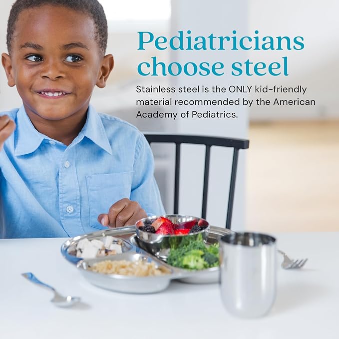 Ahimsa Stainless Steel Kids Dinnerware Set Pediatrician Designed 5 Piece Toddler Plates and Bowls Set Stainless Steel Divided Plate Cup and Kids Utensils